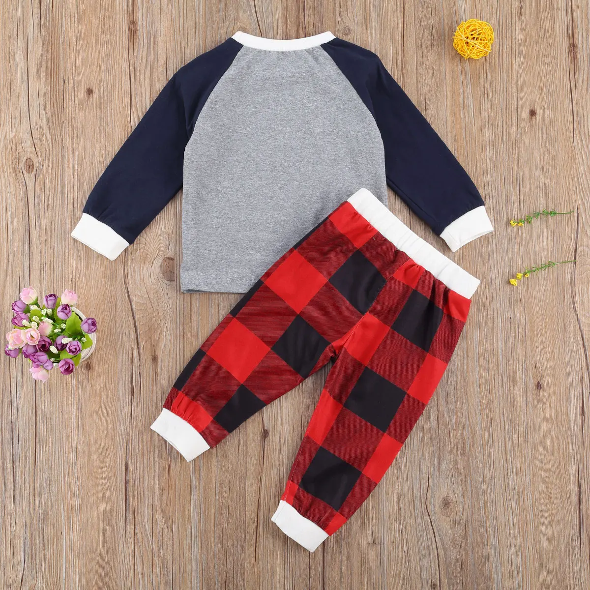 

Children Baby Boys 2Pcs Set Patchwork Long Sleeves Round Neck Top Elk Pattern Black and Red Plaid Waist Pants Boys Girls