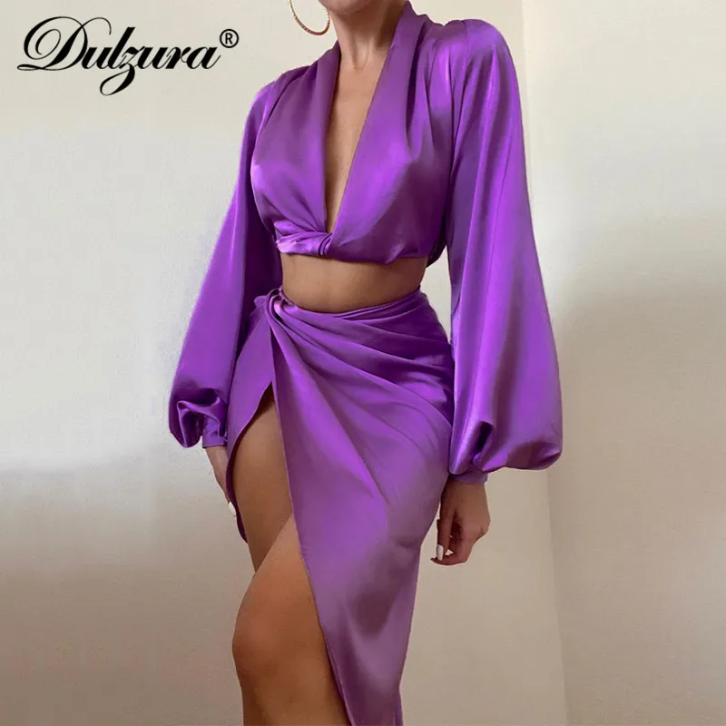 

Dulzura/2021 осенне-зимний женский атласный комплект из 2 предметов с рукавом-фонариком и v-образным вырезом, укороченный топ с разрезом и юбка сре...