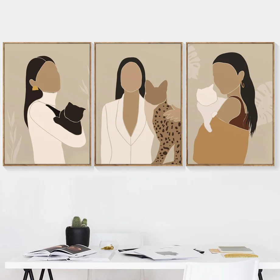 Декоративная печать на холсте "Мода женщина с длинными волосами и оцелот черной кошки" для создания постеров в эстетической комнате.