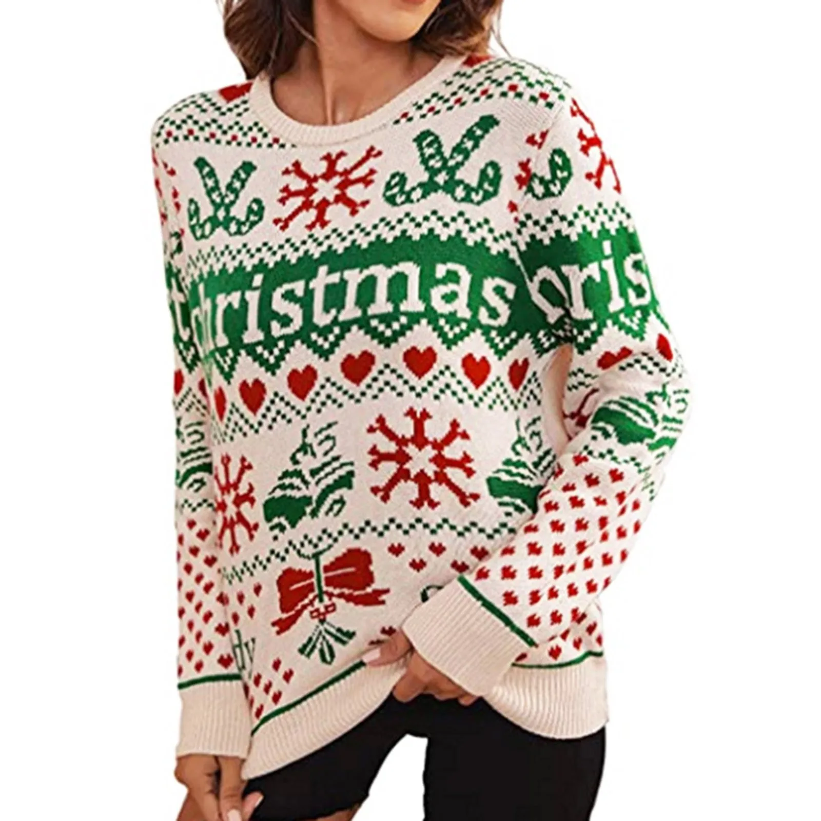 

Women Casual Sweater Tops Long sleeved Round Neck Sweater Pullover Christmas Printed Warm WInter Sweater Top Women Sweaters