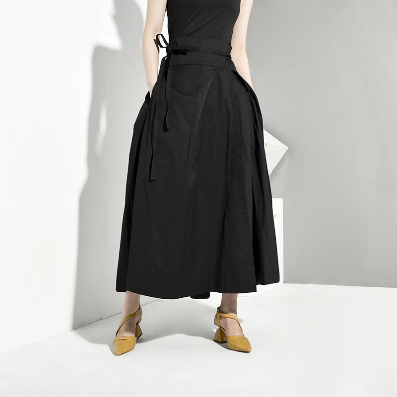 [EAM] High Waist Black Bandage False Two Spliced Loose Half-body Skirt Black Women Fashion Tide New Spring Autumn JR4780