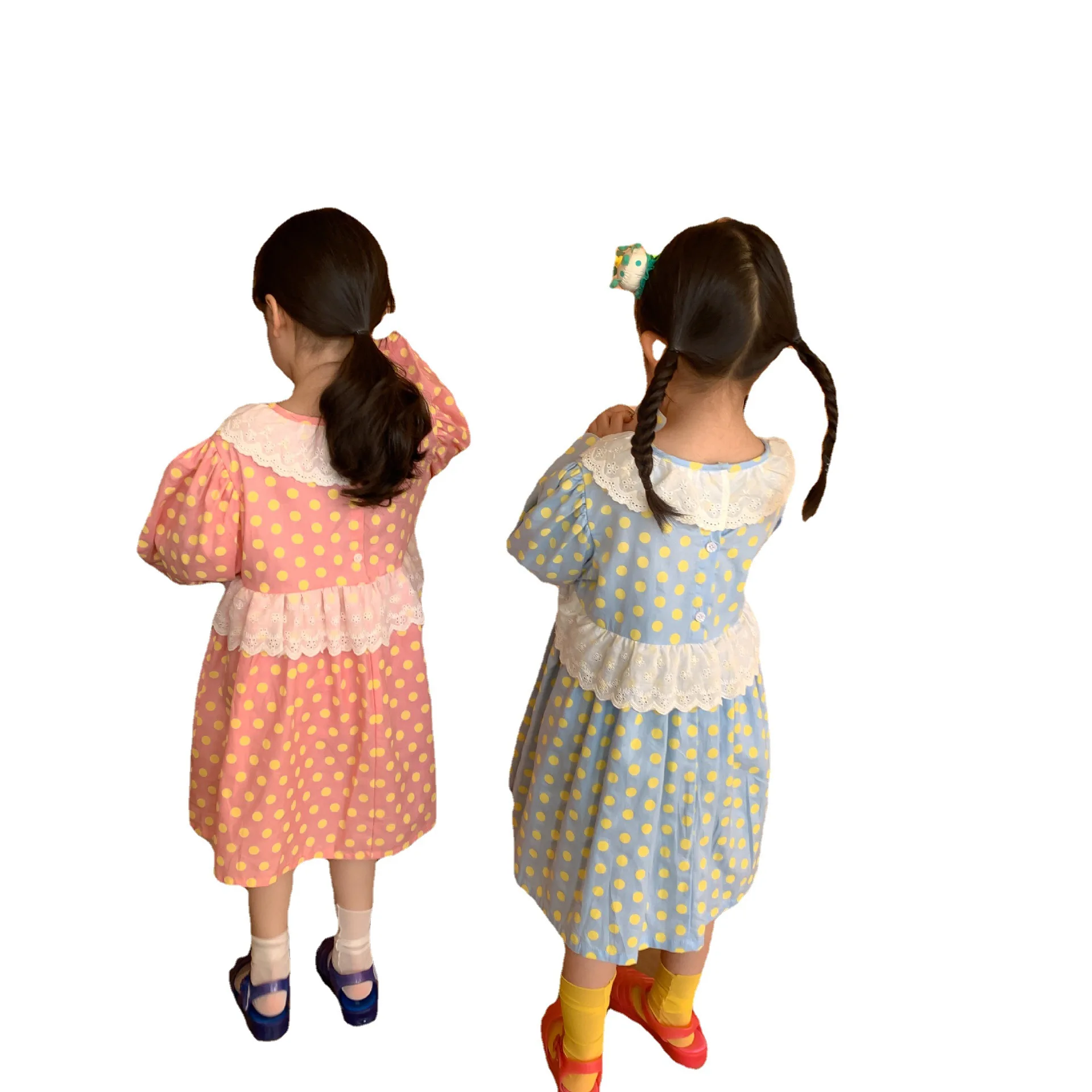 

2021 Spring New Arrival Girls Long Sleeve Dot Print Dress Kids Cotton Princess Dress Lace Collar Children Clothes Vestido Infant