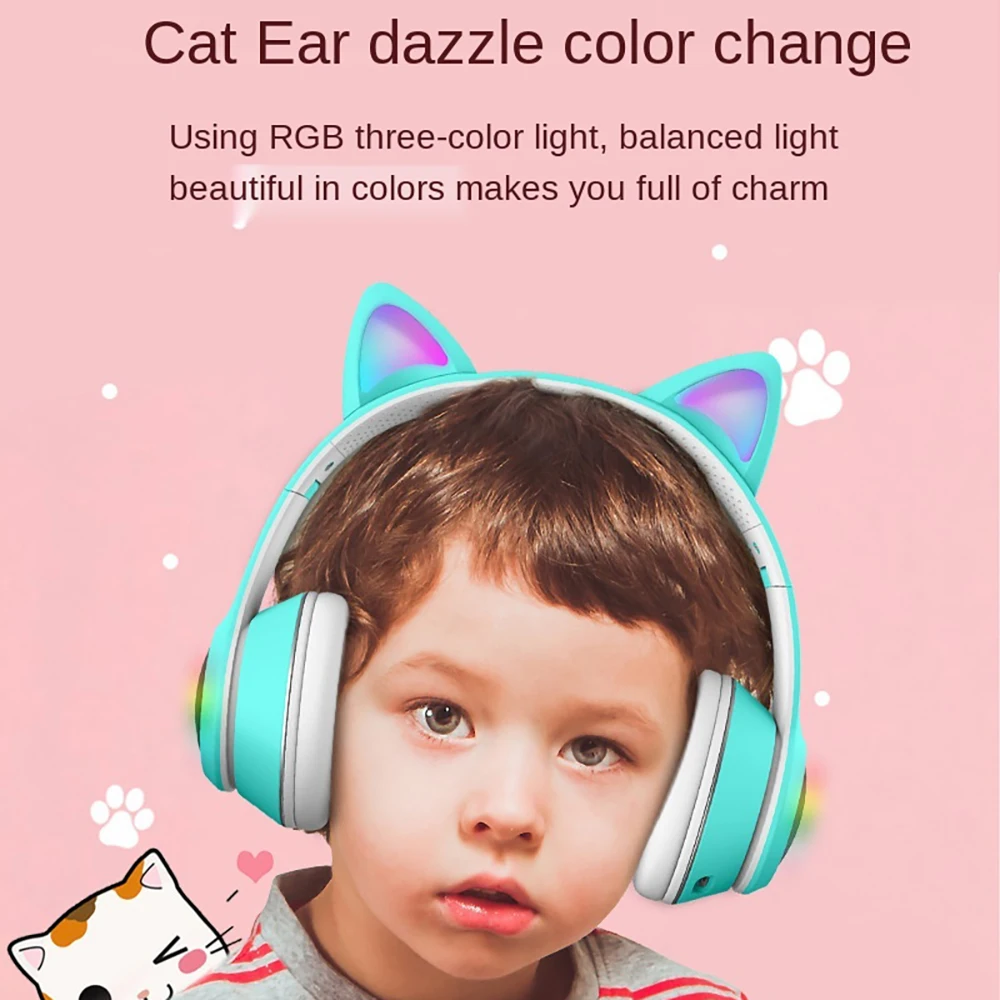 en Ucuz AKZ-K27 Bluetooth 5.0 Kulaklık Kedi Kulak şekli Katlanabilir Kablosuz çocuk Kulaklıklar LED RGB Işık Oyun Subwoofer Kafa Kulaklık