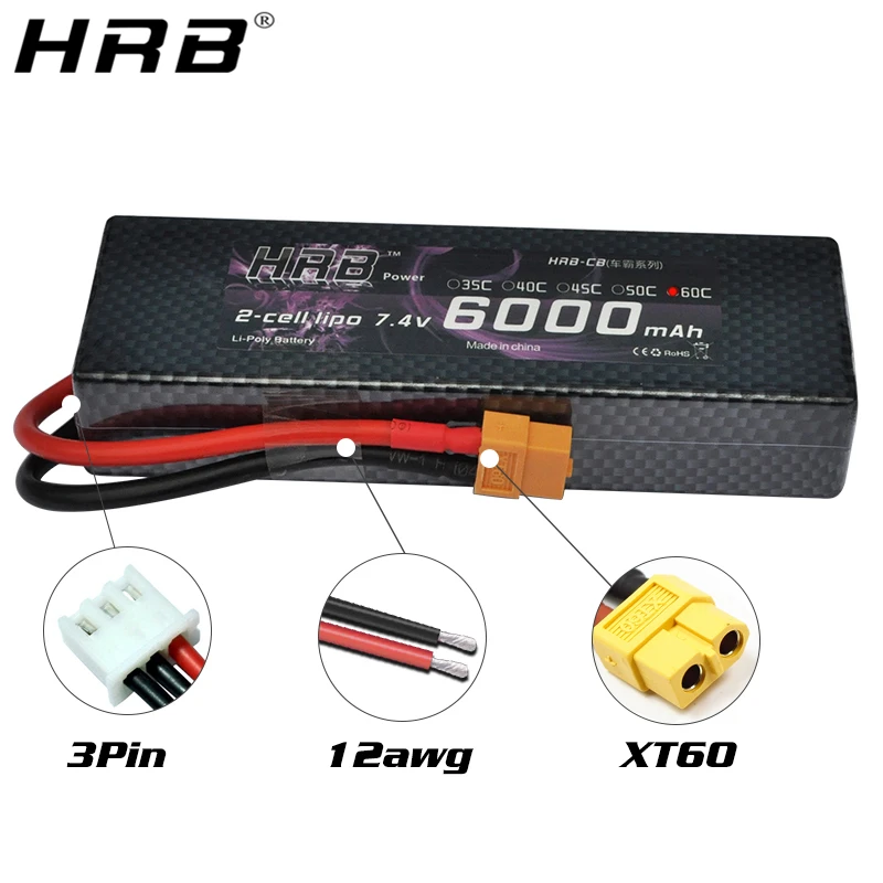 2 шт hrb 2s 74 в 6000 мач 60c lipo аккумулятор rc ча