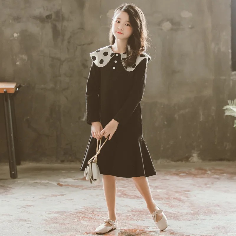 6 to 16 years kids &amp teenager girls dot print collar long sleeve cotton casual ruffle flare dress children fall winter dresses | Детская