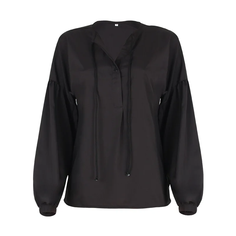 

Solid V-neck Flared Long Sleeve V-neck Casual Top Women's Shirt Pullover Loose Spring No Pattern Basic Flare Sleeve