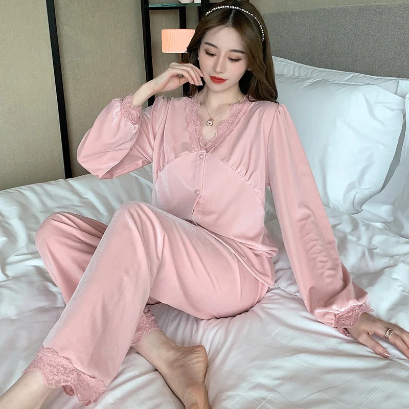 Women's Pajamas Set Warm Winter Velvet Home Clothes Soild Lace Edge V Neck Simplicity 2XL Sleepwear Elegant Homewear пижама женс