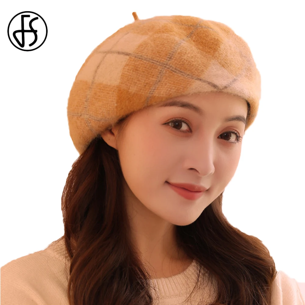 

FS Women Wool Rabbit Fur Plaid Berets French Artist Pumpkin Hat Girls Painter Hats Beret Femme Female Pullover Cap Winter Warm