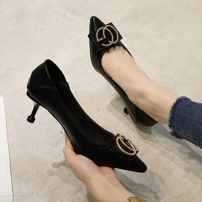 

2021 New Women's Fashion Soft Leather Single Shoes Women's Pointed Stiletto Rhinestone Mules All-match British Style High Heels