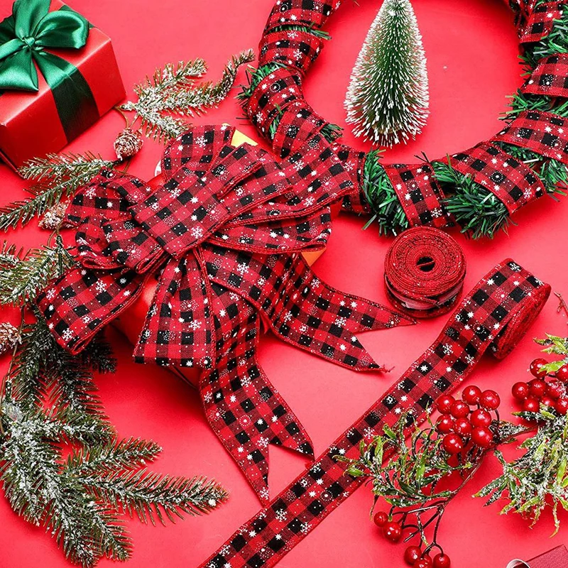 

6M/Roll Red and Black Lattice Christmas Wreath Ribbon 5CM Width Snowflake Print Family Christmas DIY Bowknot Webbing Decoration