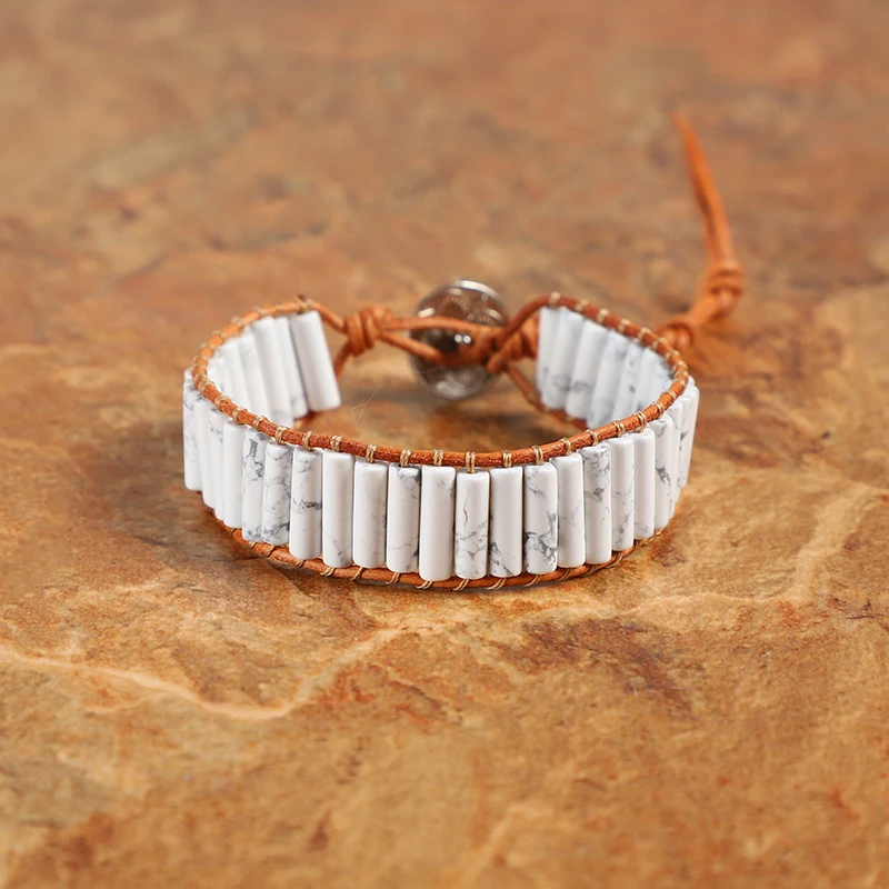 

Tube Shape Natural Howlite Single Leather Wrap Bracelets Handmade Bohemian Weaving Stone Strand Bracelet Dropship Jewelry