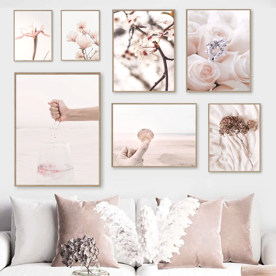 

Scandinavian Nature Landscape Canvas Painting Pink Sweet Flower Tree Shell Wall Art PosterNordic Print Picture Modern Home Deco