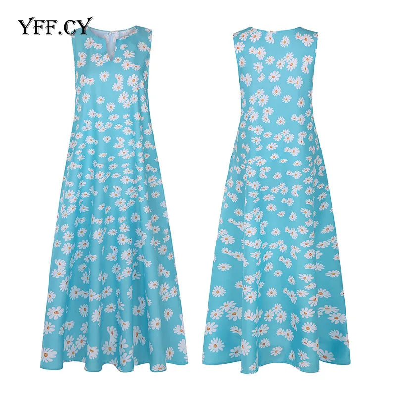 

Women Retro Floral Print Daisy Bohemia Maxi Dress Summer Elegant Fashion V-Neck Sleeveless Casual beach Long Dresses Plus Size