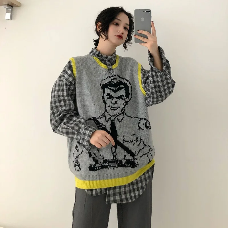 Vintage Cartoon Printed Knitted Sweater Vest Casual Sleeveless Loose Pullover Tank Tops Female Oversized Pullovers Femme