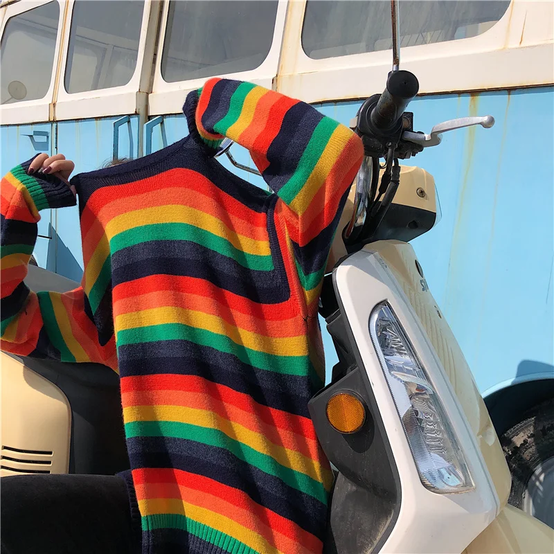 Осенние женские корейские милые винтажные полосатые свитеры в стиле Харадзюку
