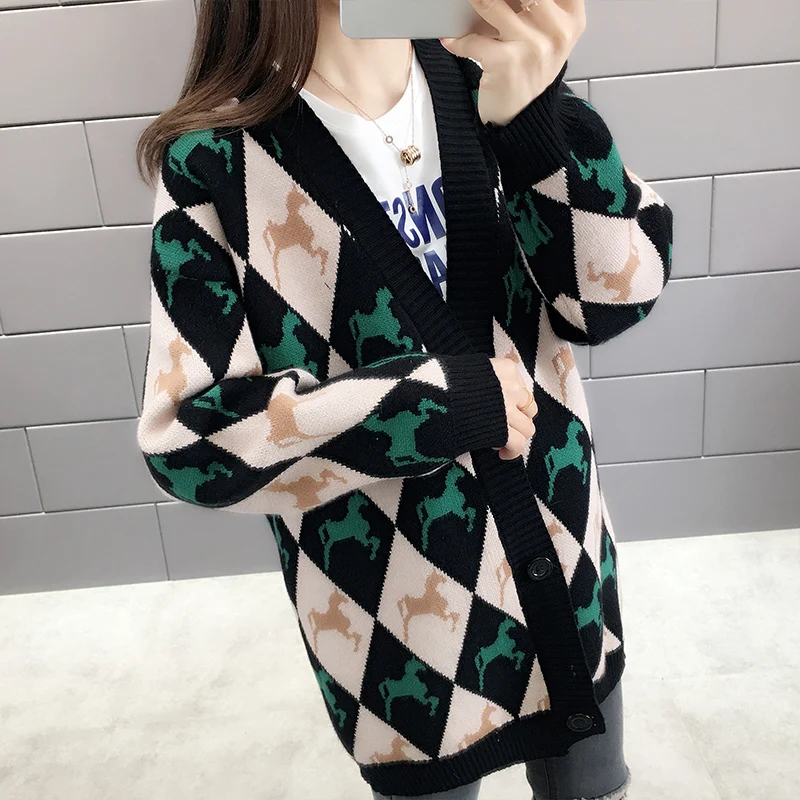 2019 New Spring Autumn Female Loose Student Sweater Cardigan Lattice Printed Single Breasted Color matching Knitting Women SS513 |