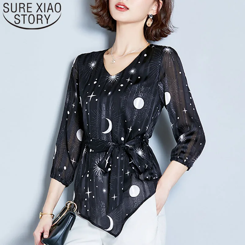 2021 Fashion Women Chiffon Blouses Seven-piece Sleeve V-neck Clothing Casual Bow Printed Elegant Tops 5434 50 | Женская одежда