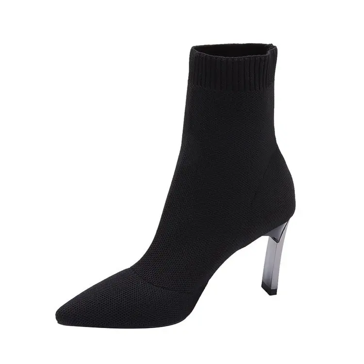 

2021 Spring Metal Blade Heels Socks Boots Women Stretch Fabric Elastic Stilettos Heel Pointed Toe Ankle Shoes