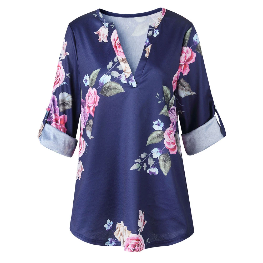 HEFLASHOR Lady Casual Floral Printed Tops Shirt Fashion Women Summer Loose Top 3/4 Sleeve V-neck Blouse Women's Leaf Print |