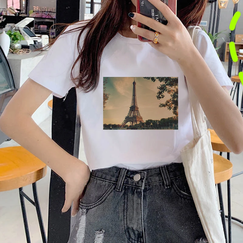 

Women's T-shirt 90s Ulzzang Harajuku Graphic Funny Photo of iron tower Print T-shirt O Neck Casual Women's Top T-shirt