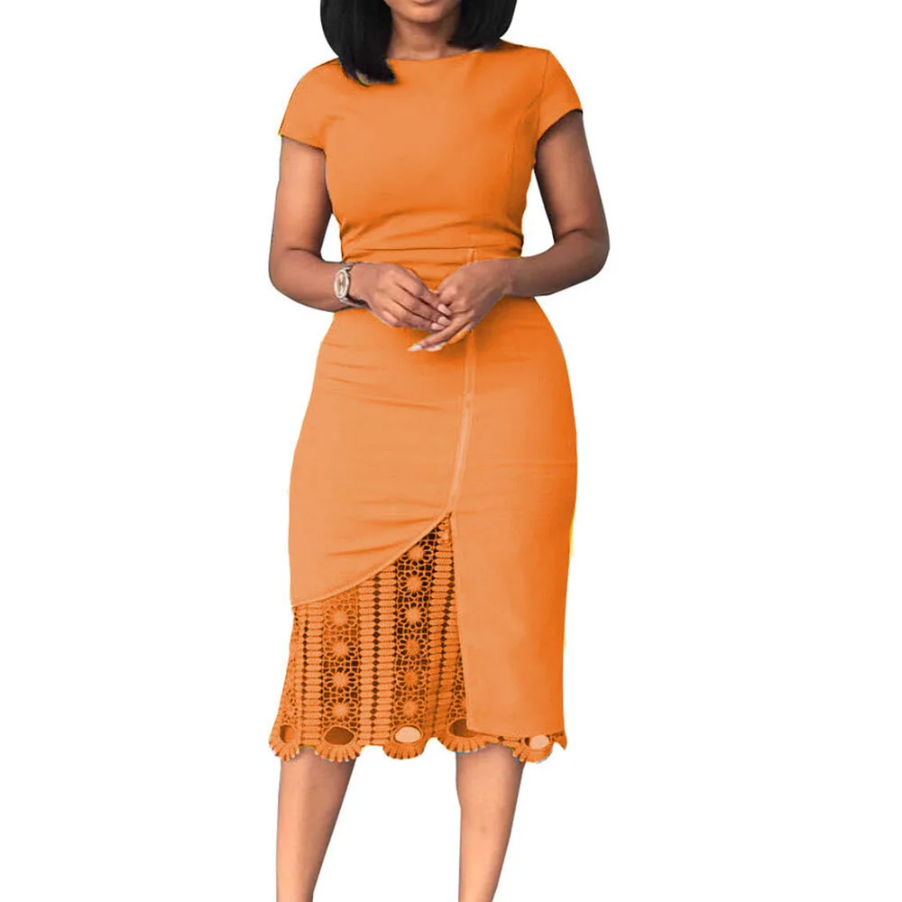 Оранжевое облегающее платье для женщин лето 2020 элегантное кружевное лоскутное с