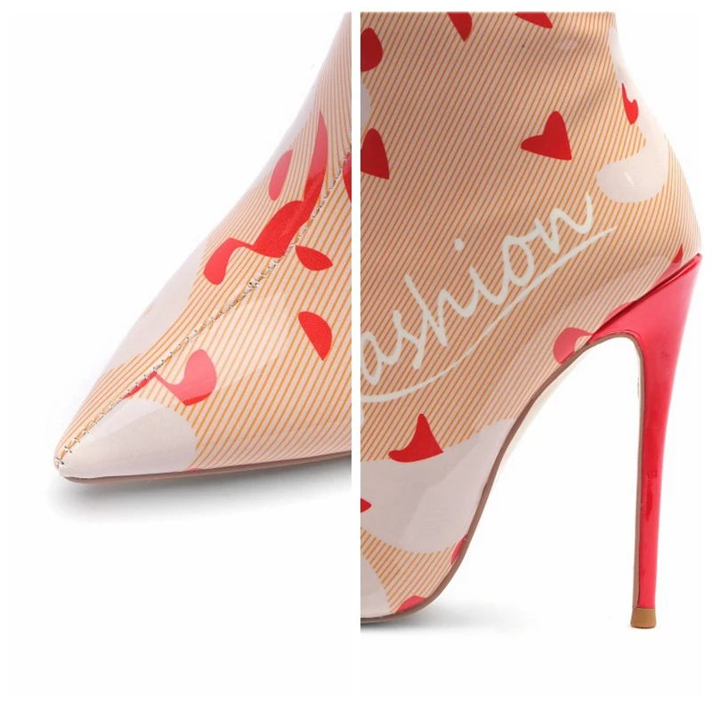 

SIMLOVEYO Woman Ankle Boots Pointed Toe 12cm Thin high Heels Patent Leather Printing Zipper Large size 34-45 Leisure B1847