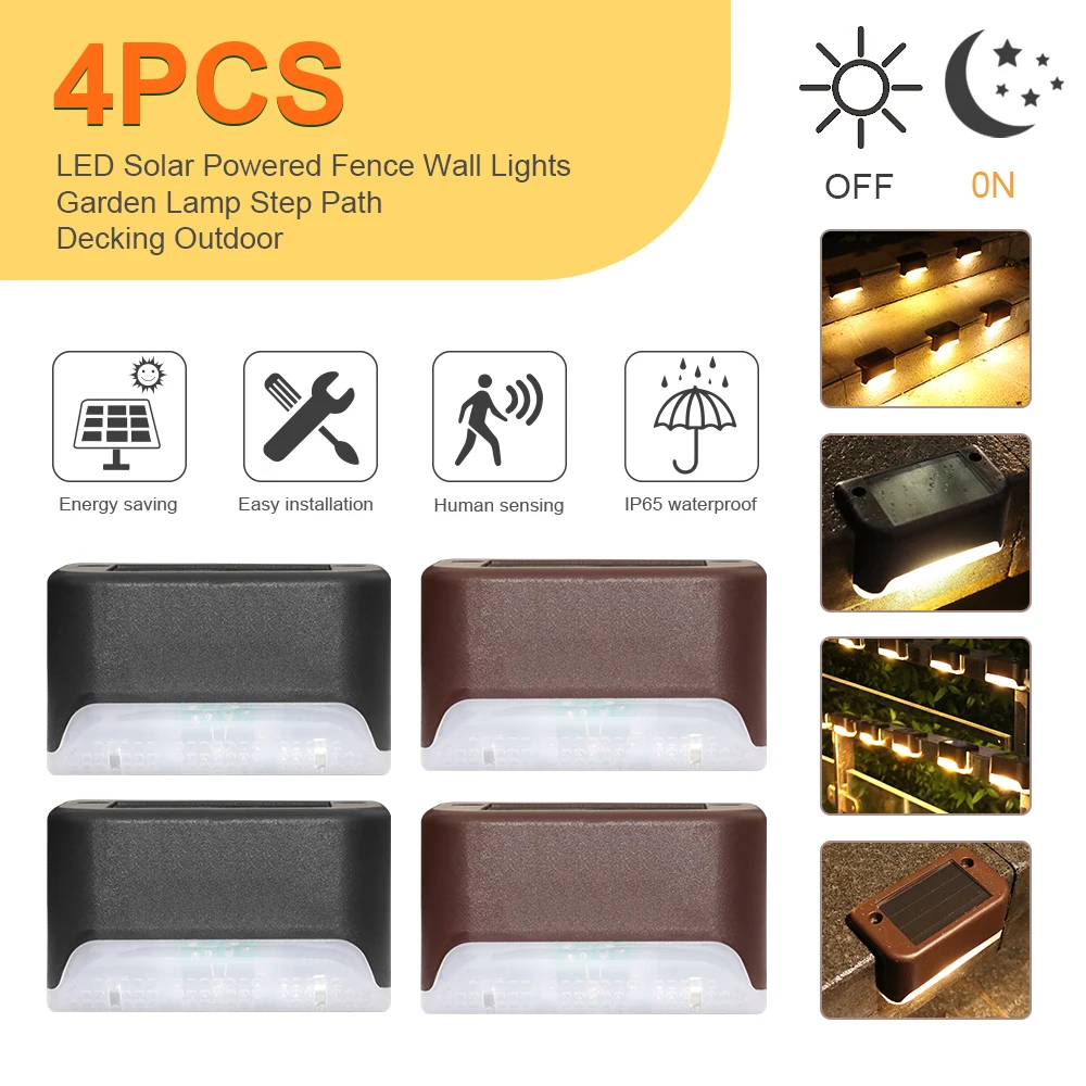 

4pcs LED Solar Stair Lamp IP65 Waterproof Outdoor Garden Pathway Yard Patio Stairs Steps Fence Lamps Solar Night Light