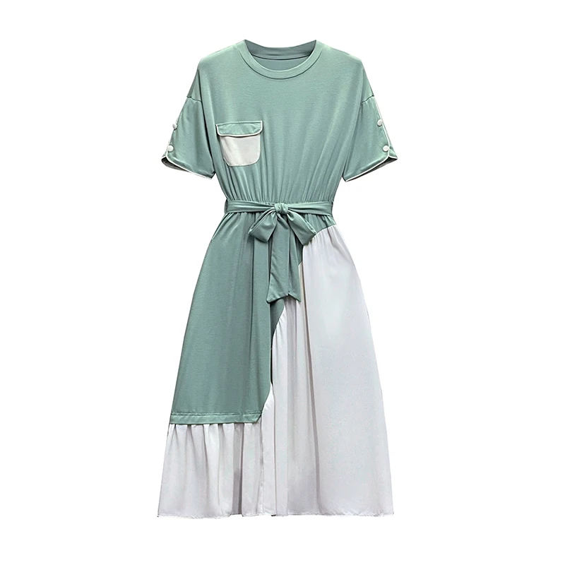 

EHQAXIN Summer Women's Dress Fashion French New Style A-Shaped Round Neck Button Short Sleeve Stitching Long Lace-Up Dress L-4XL