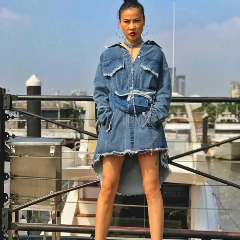 Getвесна женское джинсовое пальто с длинным рукавом асимметричный подол