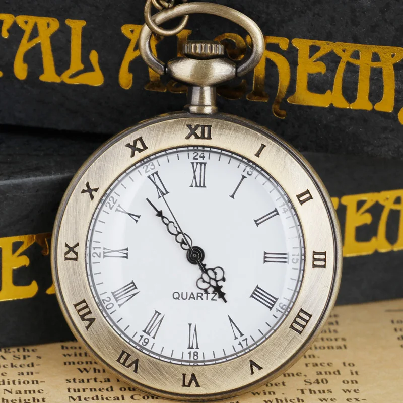 

Bronze Open Face Quartz Pocket Watch Analog Display with Unisex Necklace Chain Watches for Mens Womens