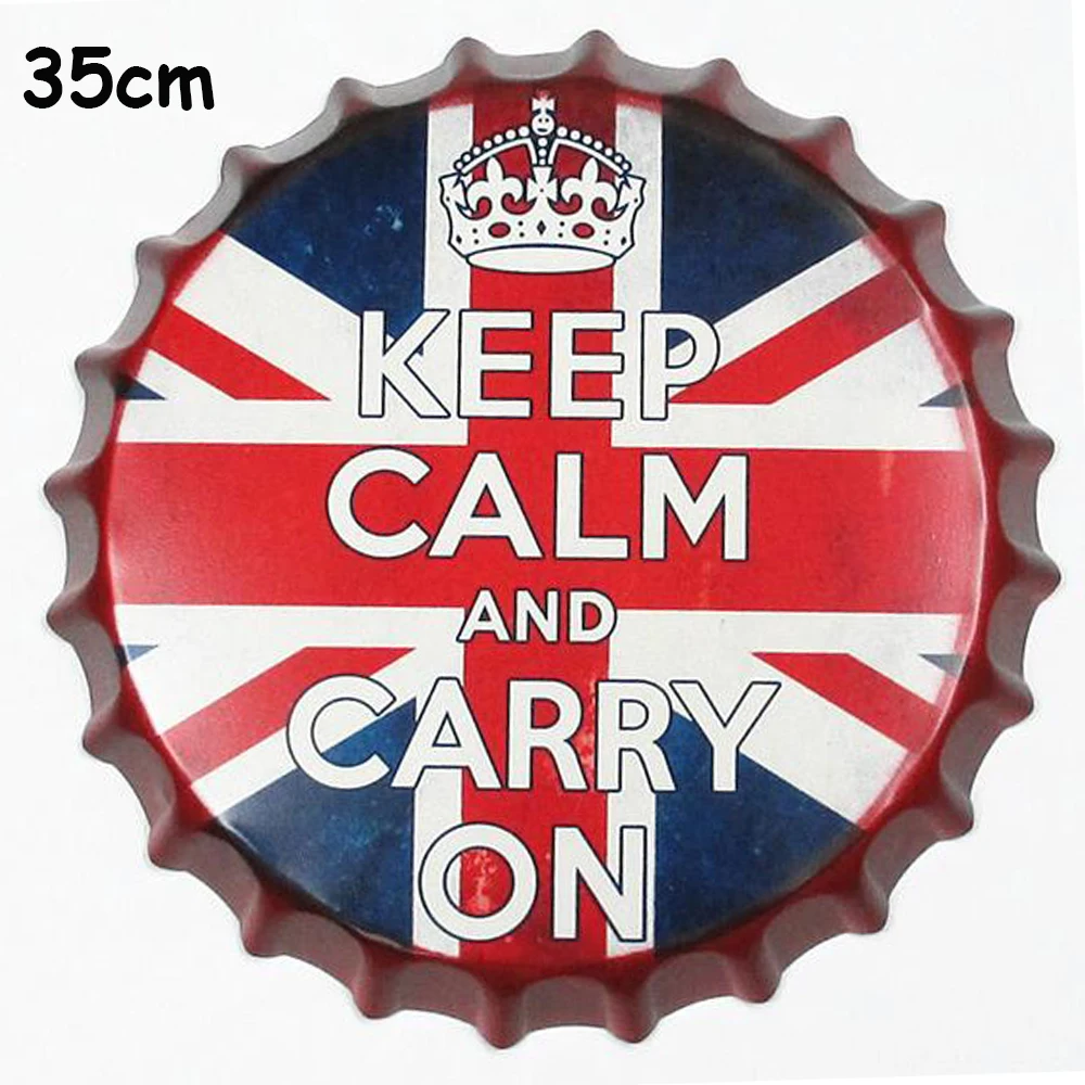 

35CM Beer Bottle Cap Beer Retro Plaque Vintage Metal Tin Signs Keep Calm And Carry On Cafe Bar Pub Signboard Wall Decor