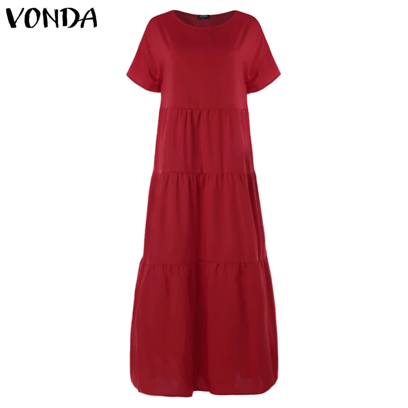 VONDA, женское летнее платье, винтажное, короткий рукав, черное, длинное, макси платье, линия-а, плиссированное, Vestido, пляжные, вечерние размера плюс, сарафан - Цвет: Красный