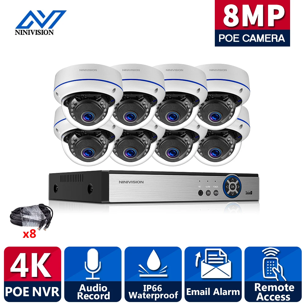 

NINIVISION 8CH NVR 4/8Pcs 8MP 4K Dome POE IP Camera Outdoor Security System Night Vision H.265 P2P XMEYE NVR Kits