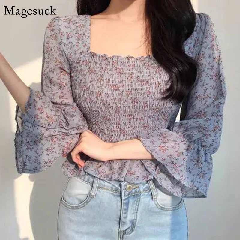 

Vintage Summer Floral Printed Chiffon Shirts Women Square Collar Woman Blouse Korean Sexy Top Female Clothing Blusas Mujer 10280