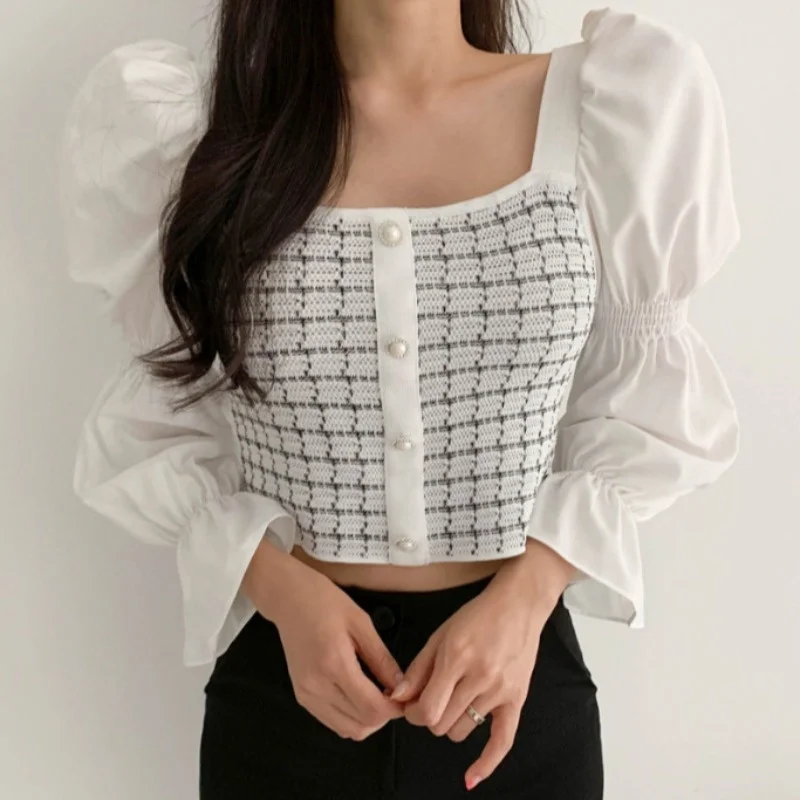 

Осень/Зима 2021 шикарный новый французский топ с квадратным вырезом и длинным рукавом