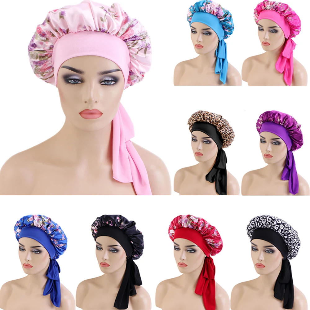 

Женская атласная шляпа большого размера, регулируемая широкая шляпа для ночного сна с цветочным принтом