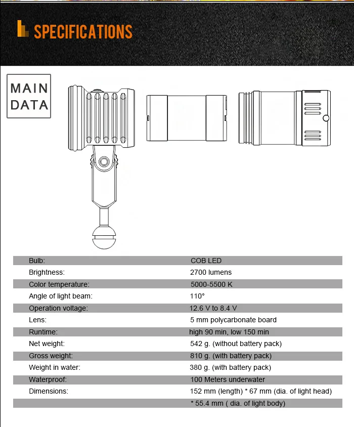 ARCHON DM10 WM16 Дайвинг Фонарь для телефона max 2700 люмен COB светодиодный подводный 100 метр Водонепроницаемый Дайвинг свет с батарейным пакетом
