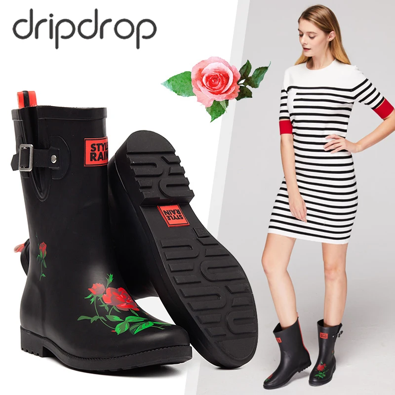 DRIPDROP Резиновые сапоги для женщин Женские резиновые ботинки до середины икры Фламинго Розы