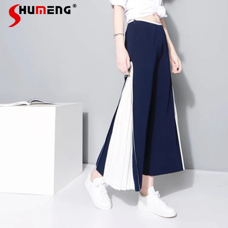

2021 Summer New Women Unique Stitching Pleated Wide-Leg Pants Ladies Fashion Simple Chiffon Cropped Casual Ankle-length Pants