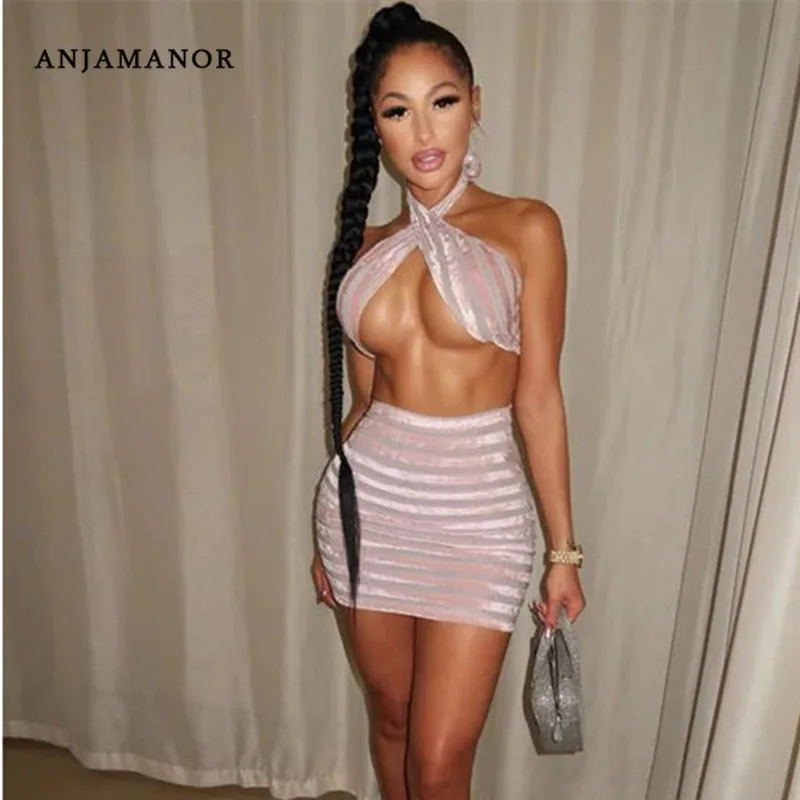 ANJAMANOR розовый Холтер короткий топ и юбка комплект из двух предметов бархат Bodycon сексуальная одежда для клуба