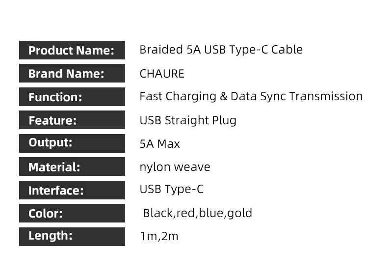 CHAURE 5A usb type C кабель 2 м Синхронизация данных быстрое устройство для зарядки кабель для huawei P20 P20pro Xiaomi кабели для мобильных телефонов
