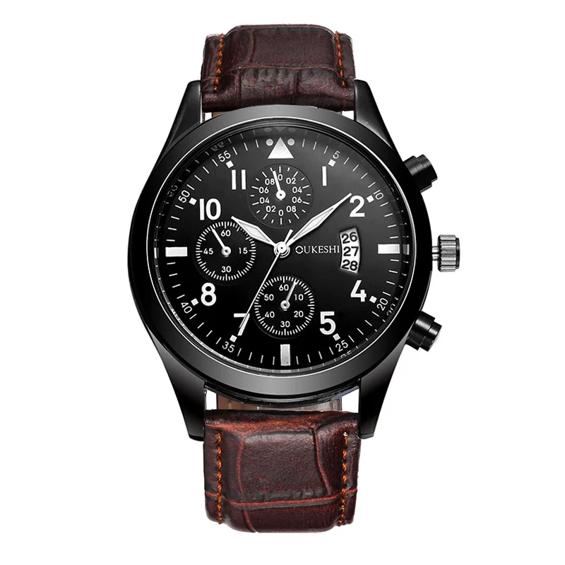 Роскошный чехол из сплава мужские деловые Удобные часы с кожаным ремешком и