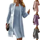 Женская одежда, однотонный кружевной кардиган с длинным рукавом, Платье До Колена, комплект для офиса, пальто + платье-жилет, Женский костюм из двух предметов костюмы женские 2021офис женский костюм для офис
