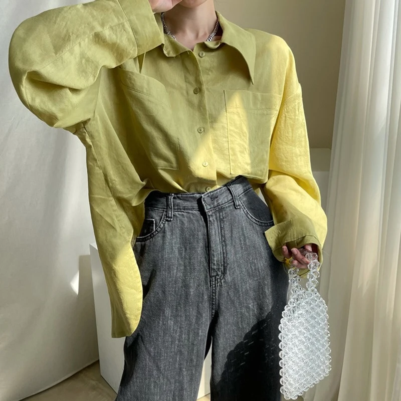 

Autumn Oversize Long Sleeve Shirt Women Single Breasted Turn Down Collar Double Pocket Loose Casual Blouses Female Blusas Tops