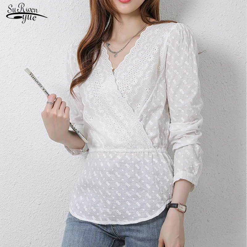 

Lace Embroidery Clothes Solid Long Sleeve Tops Autumn Gentle 2021 Sexy Lace V-neck White Blouse Women Tops Chemisier Femme 16414