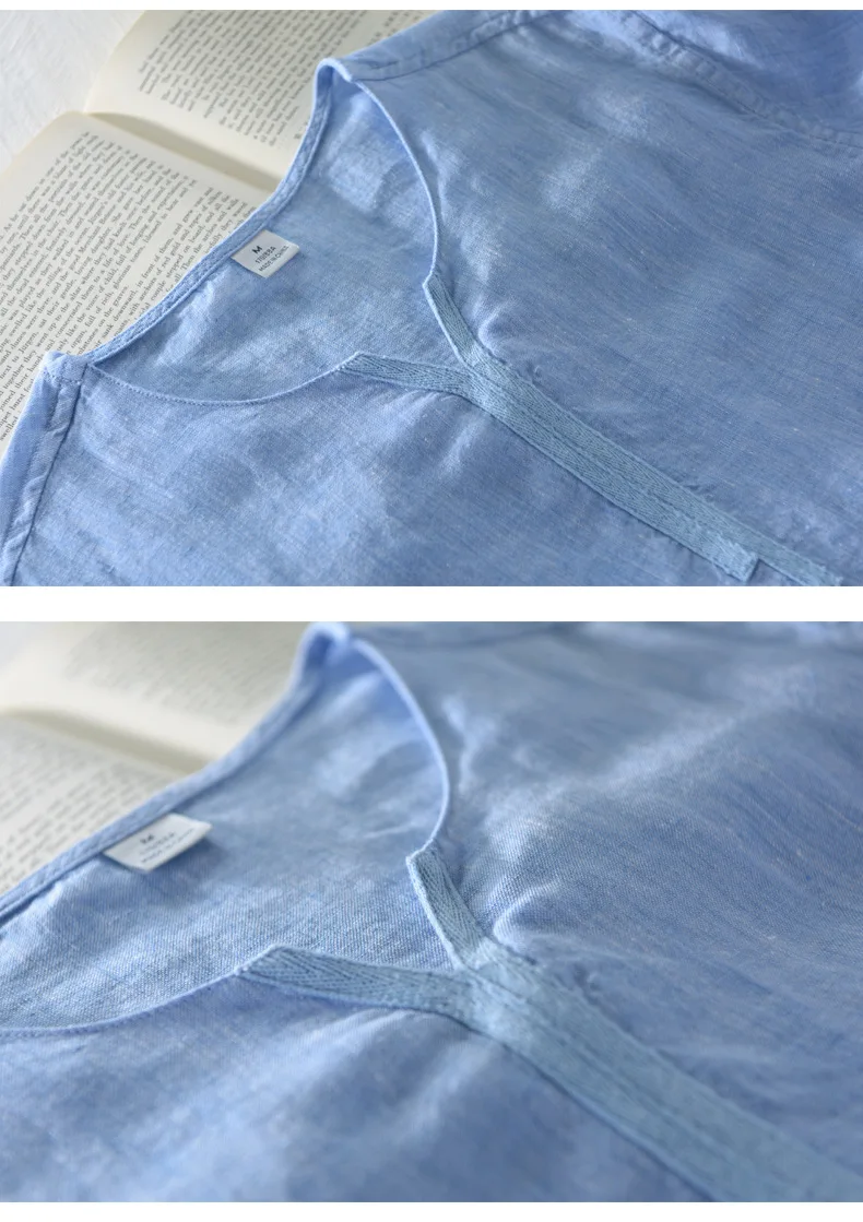 

Men's V-neck short sleeve t-shirt blue white linen summer tees solid casual t-shirts men thin simple tops for male