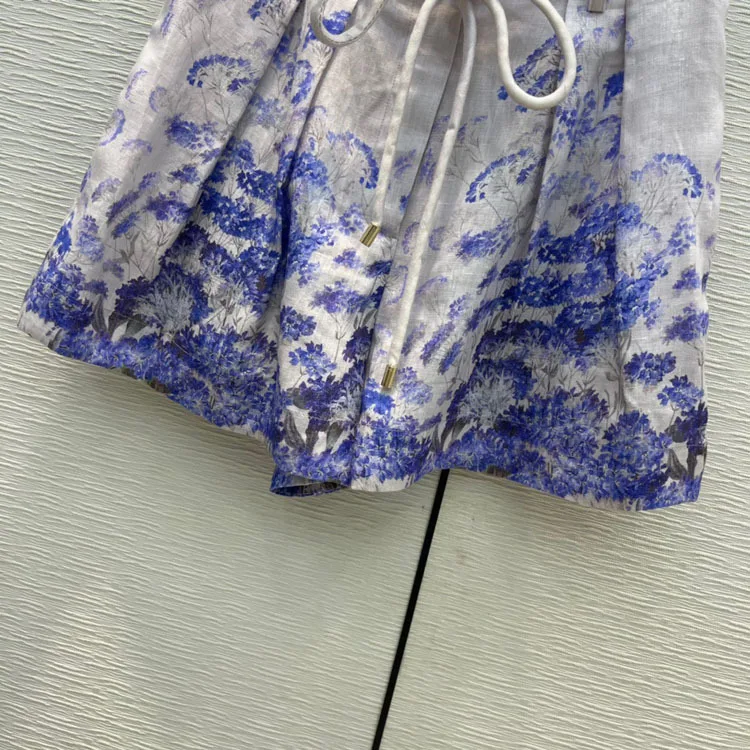 

BK27838 2021 Summer Women's New Products Elegant Cornflower Printed Casual High Waist Linen Shorts