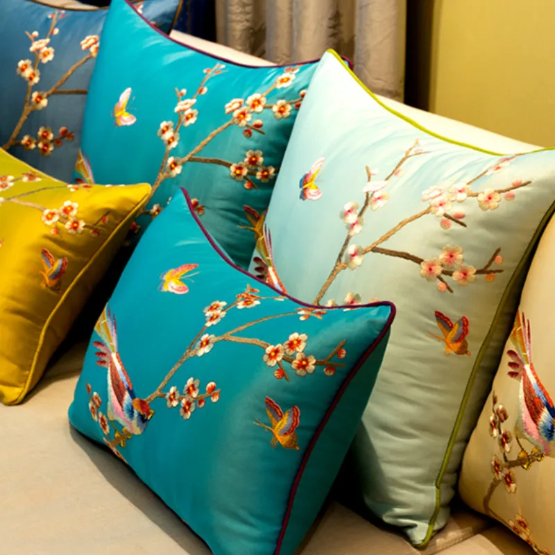 DUNXDECO Cushion Cover Decorative Pillow Case Modern Chinese Orioles Butterfly Flora Luxury Embroidery Coussin Sofa Decorating
