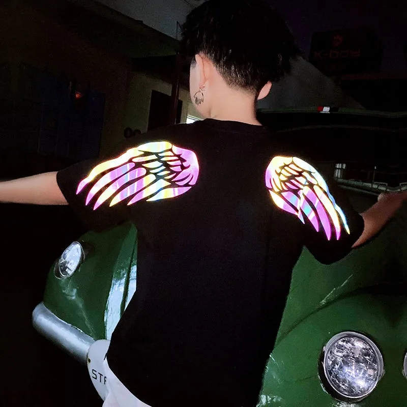 Одежда для девочек футболка со светоотражающими красочными крыльями свободные