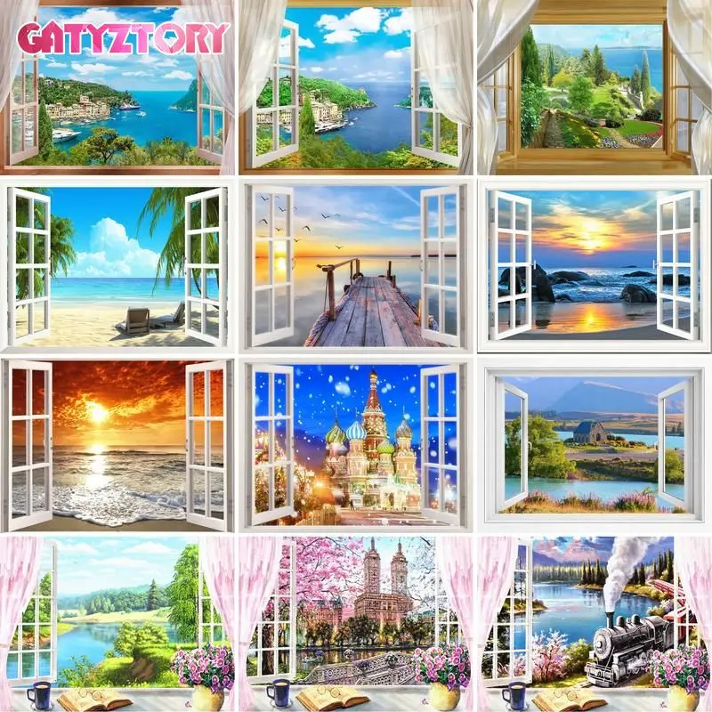 

GATYZTORY 60x75cm Frame Diy Painting By Numbers Window Landscape Picture By Numbers For Home Artwork Gift Modern Wall Art